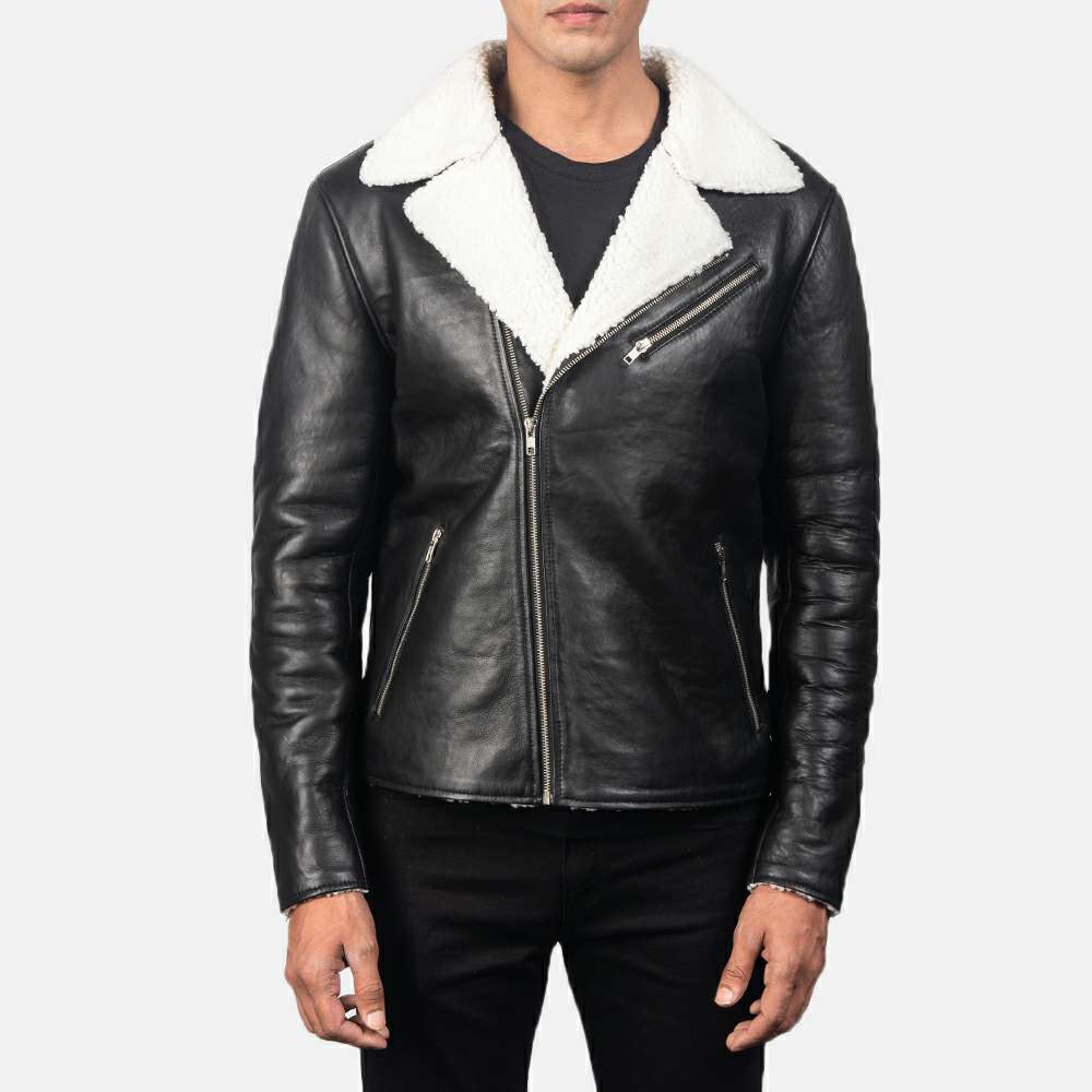 Black Leather Shearling-Lined Asymmetrical Jacket